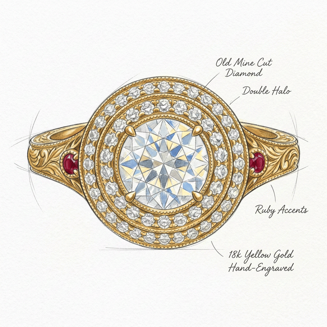 Hand-drawn sketch of a Victorian-style engagement ring with an old mine cut diamond, double diamond halo, ruby accents, and a hand-engraved 18k yellow gold band