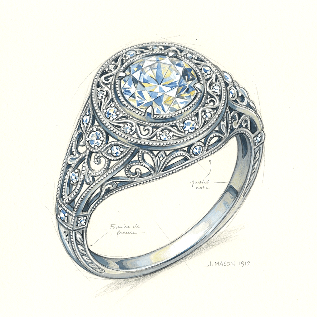 Hand-drawn sketch of an Edwardian-style engagement ring with a fine platinum filigree halo and hand-engraved scrollwork band