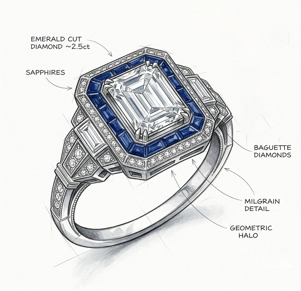 Hand-drawn sketch of an Art Deco-style engagement ring with an emerald cut diamond, sapphire geometric halo, baguette diamond accents, and milgrain detail
