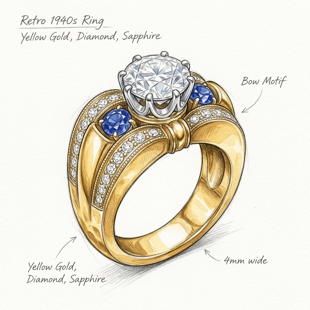Hand-drawn sketch of a Retro-style 1940s engagement ring in yellow gold with a round diamond, sapphire accents, and a bow motif