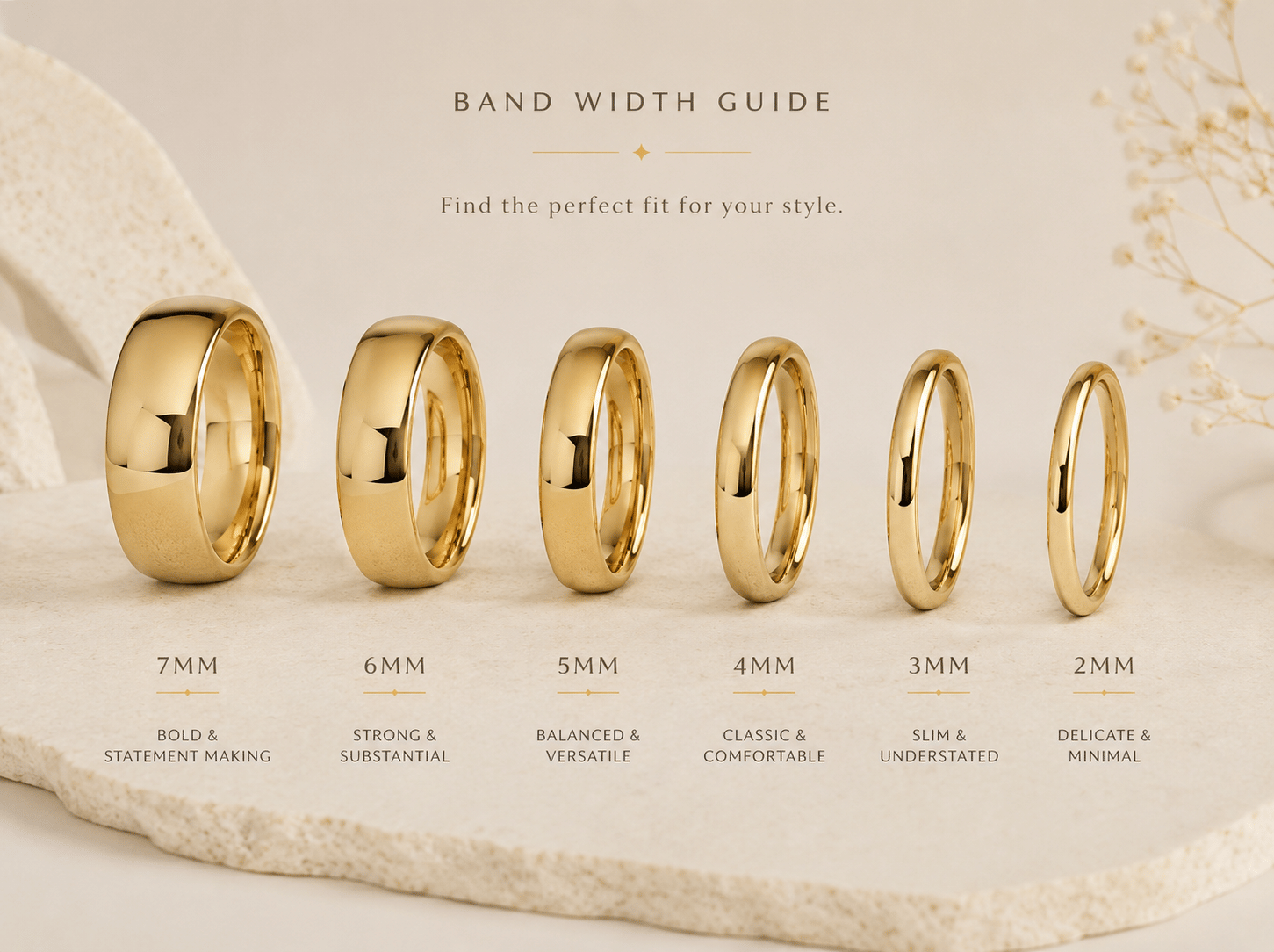 Band width guide showing gold wedding bands from 7mm down to 2mm arranged in a row, each labeled with its width in millimeters and a style descriptor from bold and statement-making at 7mm to delicate and minimal at 2mm.