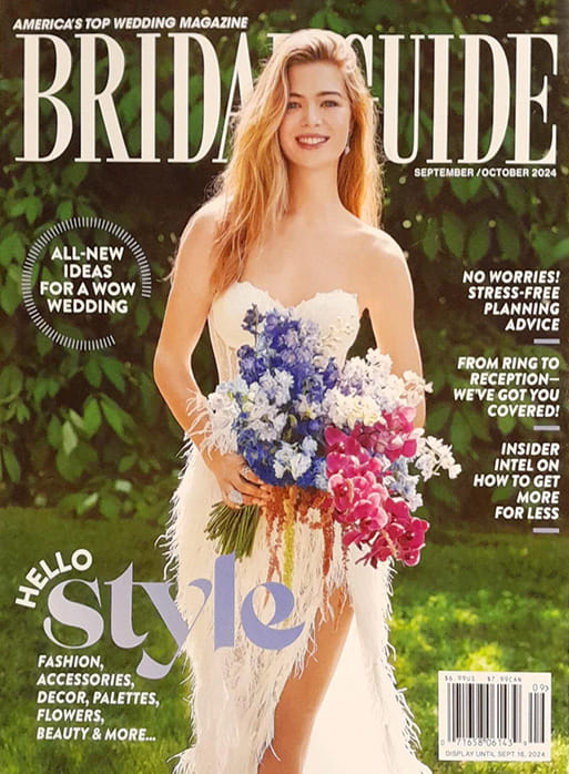 BRIDALGUIDE Magazine featuring Gabriel & Co. 14K White Gold Long Diamond Fan Leverback Drop Earrings, 14K White Gold Multi Row Diamond Criss Cross Ring, and 18K White Gold Layered Diamond Fan Wide Band Ring