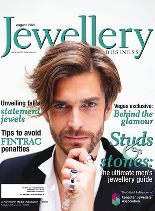 JEWELLERYBUSINESS Magazine featuring Gabriel & Co. Wide 14K Yellow Gold Cluster Diamond Mens Ring, 14K Yellow Gold Round Cufflinks with Diamond and Lapis, 22 Inch 14K Yellow Gold Chain and Diamond Cross Pendant Necklace