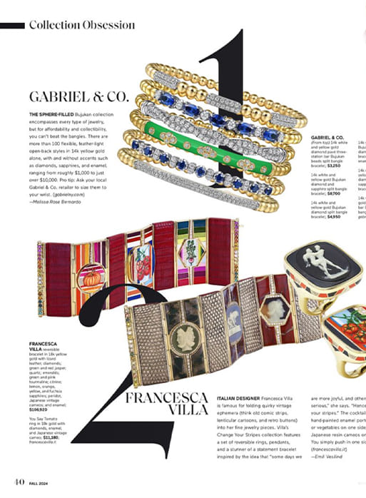 Gabriel & Co. Bujukan bangles mentioned and featured in the Gem + Jewel Fall 2024 issue