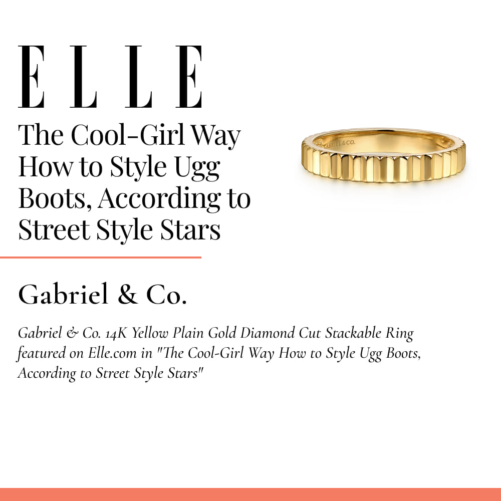 Gabriel & Co. 14K Yellow Plain Gold Diamond Cut Stackable Ring featured on Elle.com in 