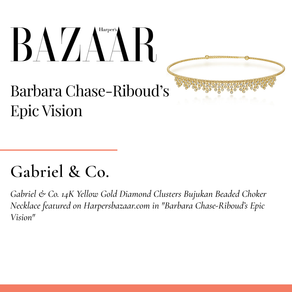Gabriel & Co. 14K Yellow Gold Diamond Clusters Bujukan Beaded Choker Necklace featured on Harpersbazaar.com in 
