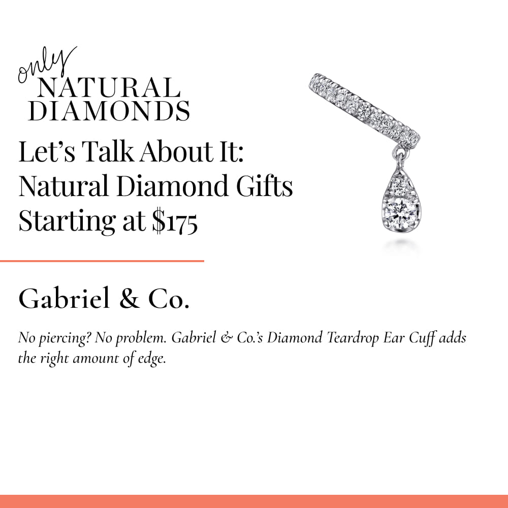 Gabriel & Co. 14K White Gold Single Diamond Ear Cuff with Teardrop Charm featured on Naturaldiamonds.com in 