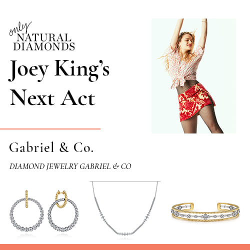 Gabriel & Co. Bujukan Diamond Circle Huggies, White Gold Diamond Necklace, and White and Yellow Gold Diamond Bujukan Cuff bangle featured on naturaldiamonds.com in 