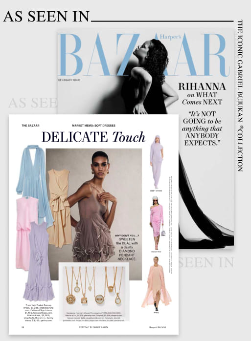 Gabriel & Co. 14K White and Yellow Gold Diamond Bujukan Pendant Necklace featured in the March issue of Harper's Bazaar. 
