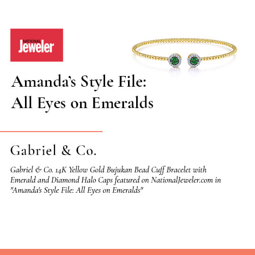 Gabriel & Co. 14K Yellow Gold Bujukan Bead Cuff Bracelet with Emerald and Diamond Halo Caps featured on NationalJeweler.com in 