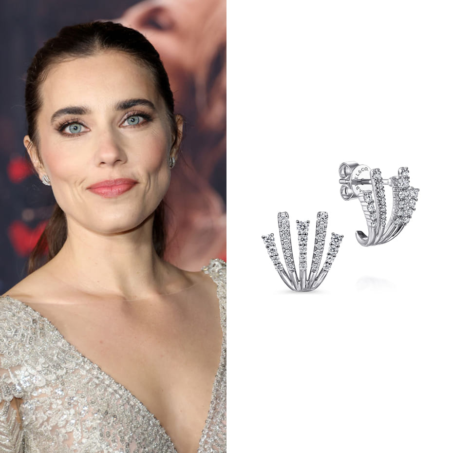 Actress, Alix Angelis wearing Gabriel & Co. earrings.