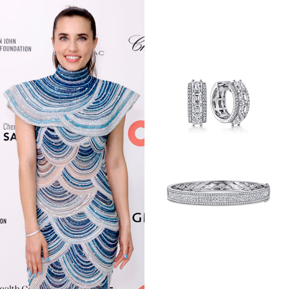 Actress, Alix Angelis, wearing Gabriel & Co. bangle and earrings. 