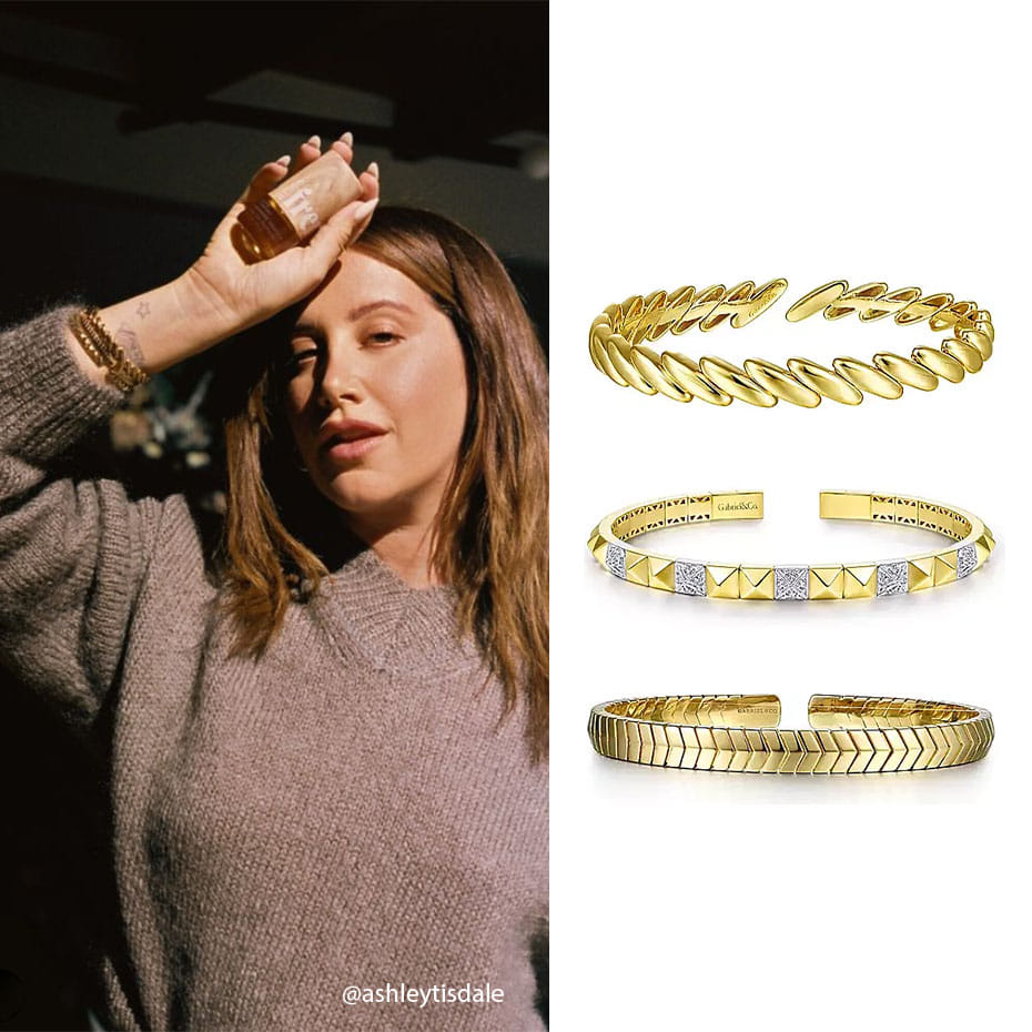 Actress, Ashley Tisdale wearing Gabriel & Co. Demure Bangles.