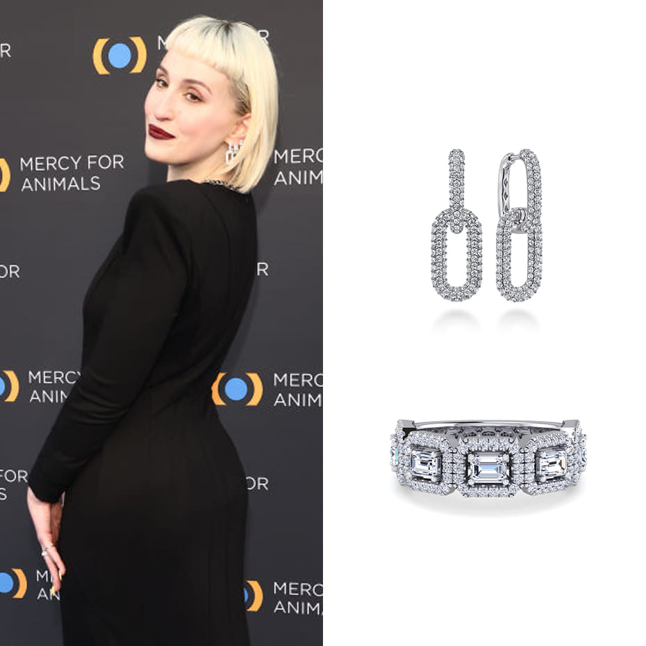 Actress, Harley Quinn Smith, wearing Gabriel & Co. earrings and ring.