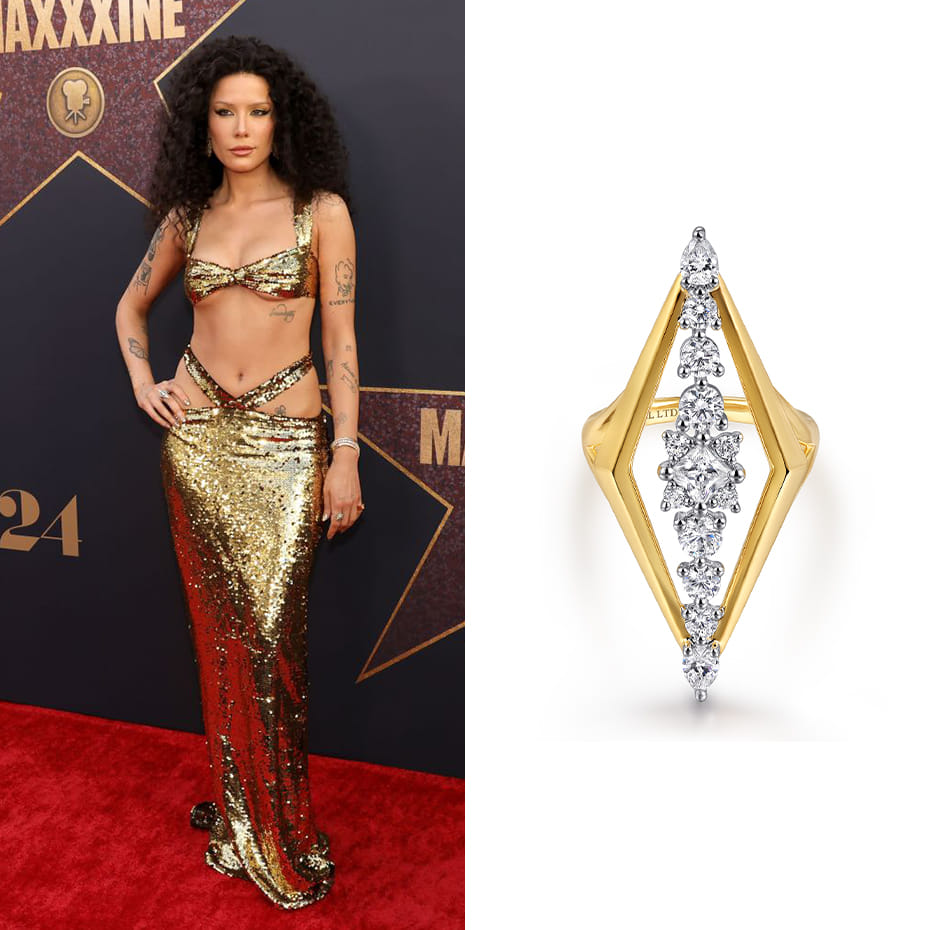 Musician, Halsey, wearing a Gabriel & Co. ring to the Premiere of A24 Movie 'Maxxine'