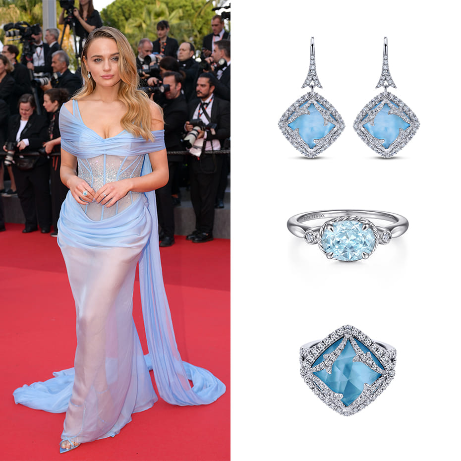 Actress, Joey King, wears Gabriel & Co earrings and rings