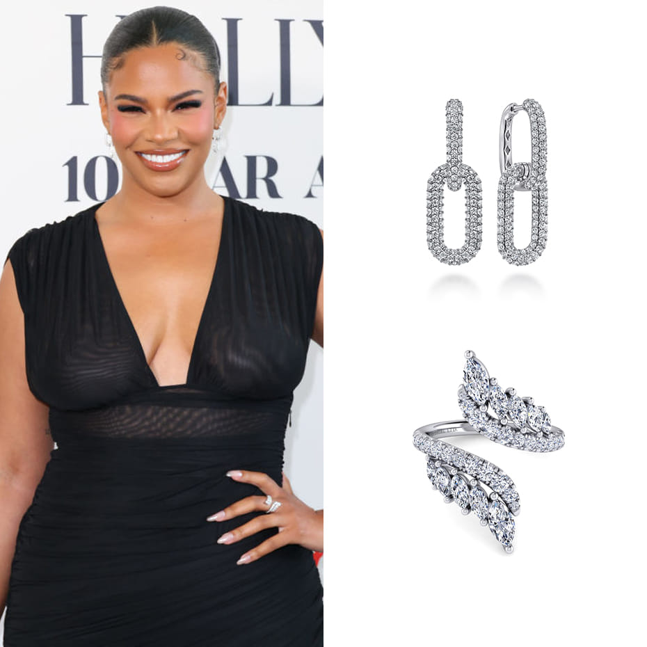 TV Host, Kamie Crawford, wearing Gabriel & Co. ring and earrings