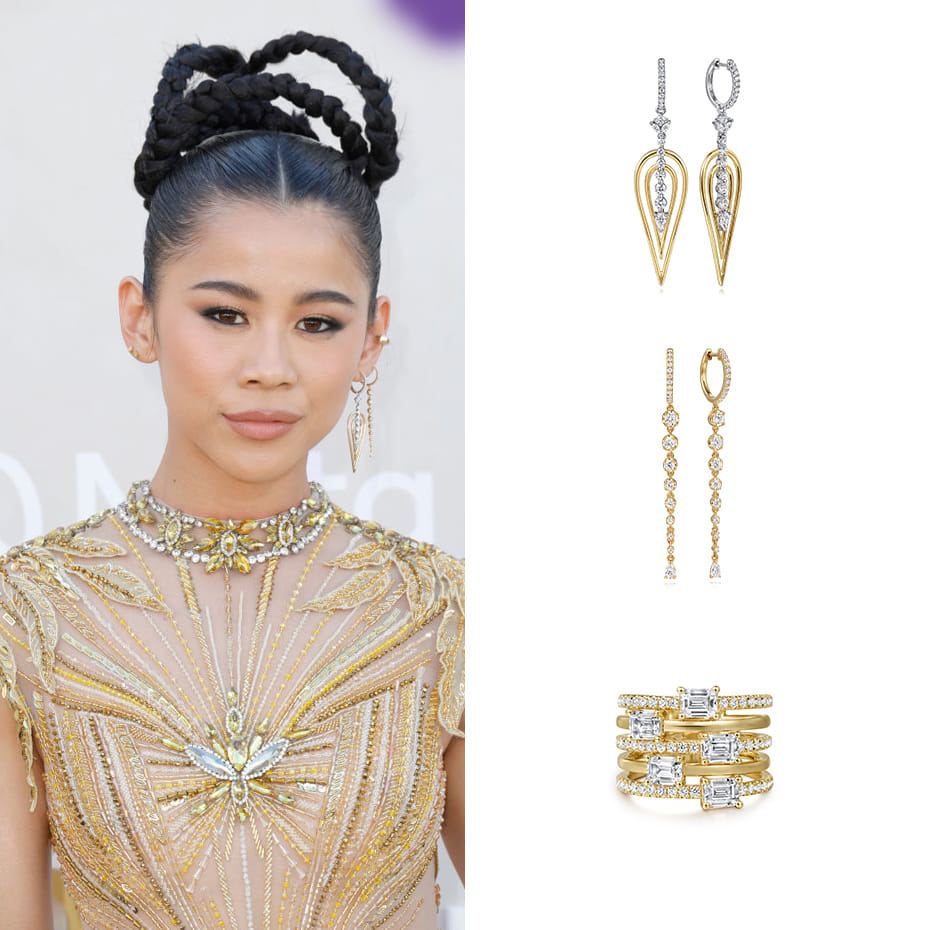 Actress, Leah Lewis, wearing Gabriel & Co. earrings and ring.