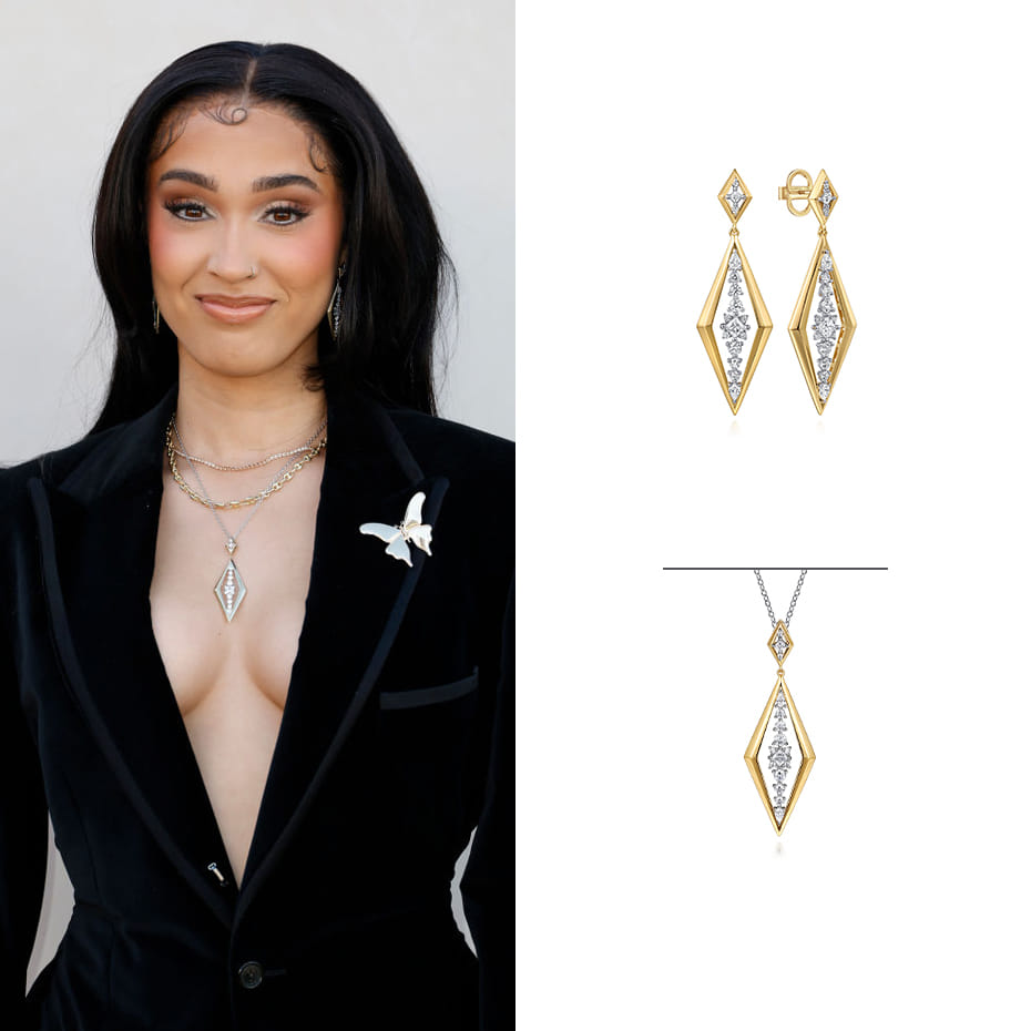 Actress, Lee Rodriguez, wearing Gabriel & Co. earrings and necklace.