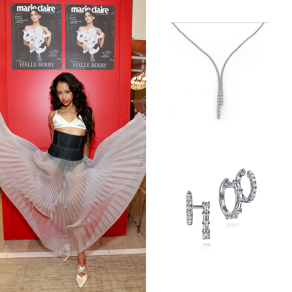 Actress, Liza Koshy, wearing Gabriel & Co. jewels to a Marie Claire NYFW event