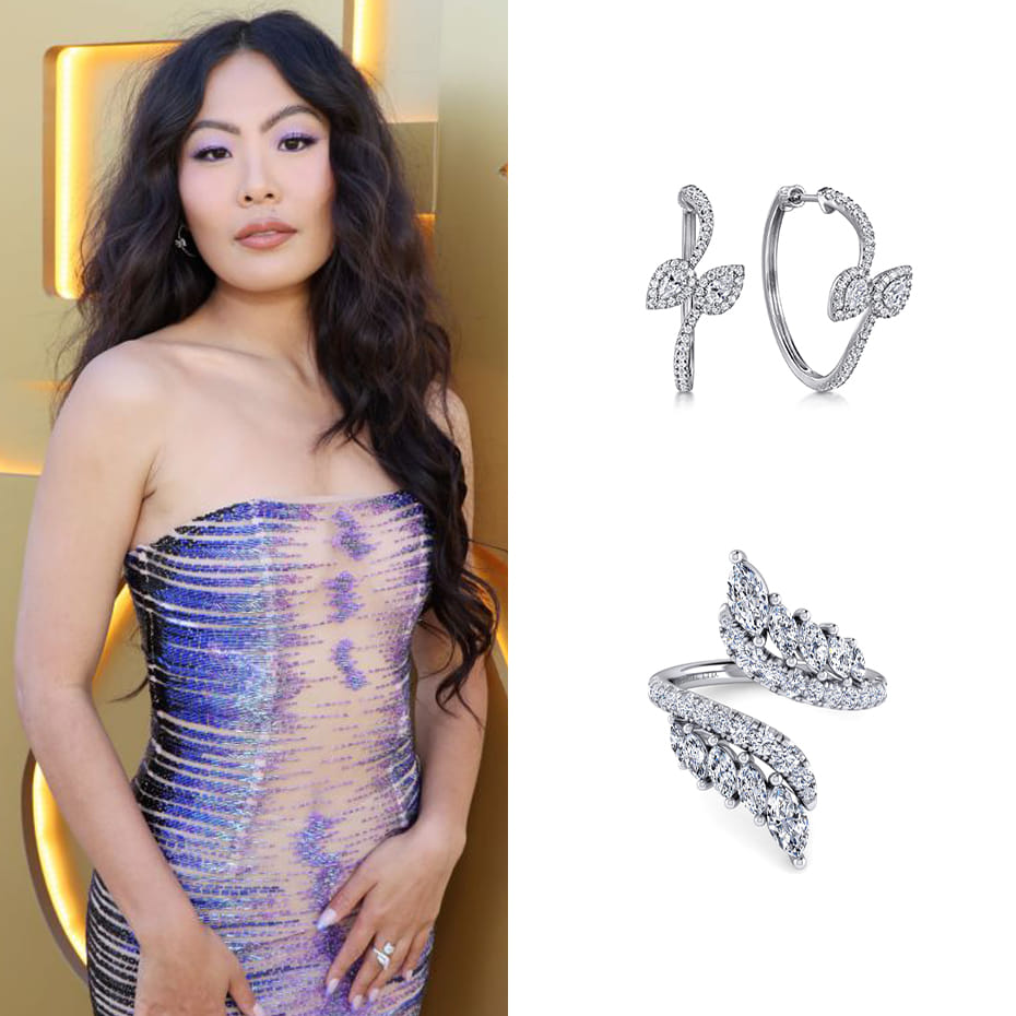 Actress, Nicole Kang, wearing Gabriel & Co. earrings and ring to the 3rd Annual Gold House Gala. 