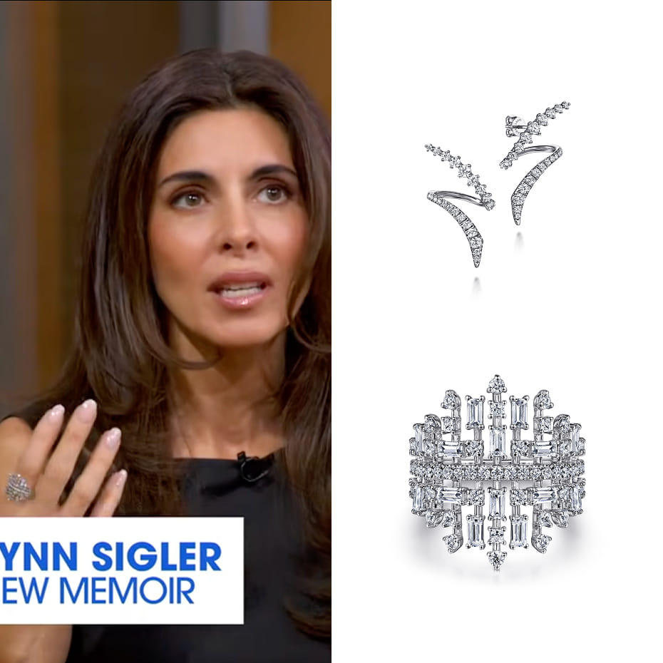 Jamie-Lynn Sigler made an appearance on Good Morning America to promote And So It Is, wearing Gabriel & Co. diamond stud earrings and a wide diamond cage ring.
