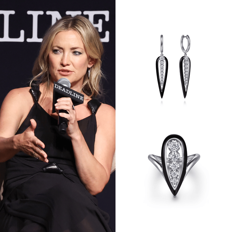 Actress, Kate Hudson, wearing Gabriel & Co. earrings and rings to Deadline Contenders Television 2025