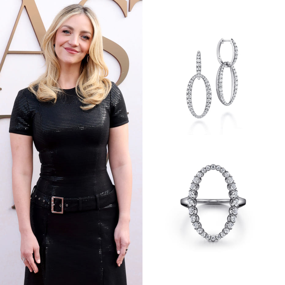 Abby Elliott attended The Walt Disney Company's Emmy Season Toast to TV, wearing Gabriel & Co. diamond link huggies and a statement diamond ring.