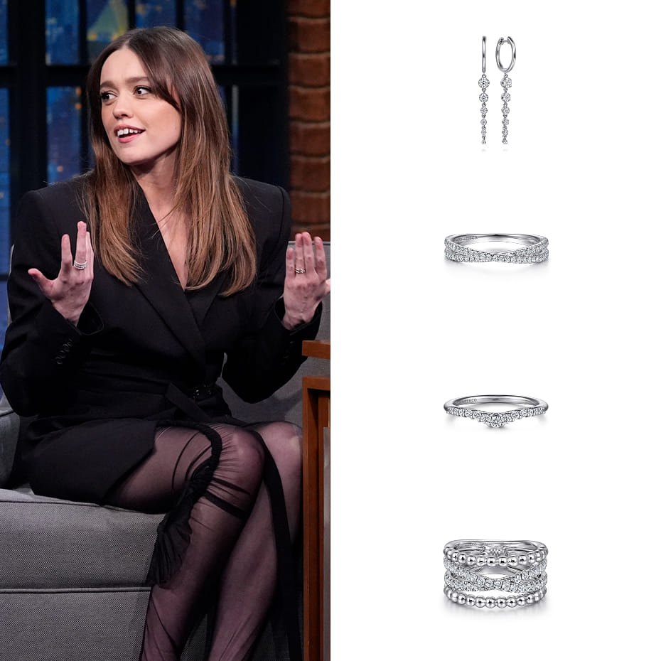 Actress, Aimee Lou Wood, wearing Gabriel & Co. earrings & rings during her appearance on Late Night with Seth Meyers to promote Season 3 of 