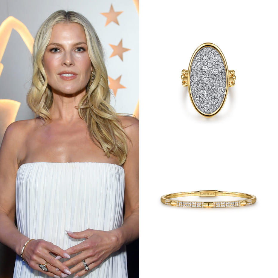 Ali Larter attended the New York Upfront Partnership Event 2026, wearing Gabriel & Co. a diamond bangle and a Bujukan pavé diamond signet ring in mixed gold.
