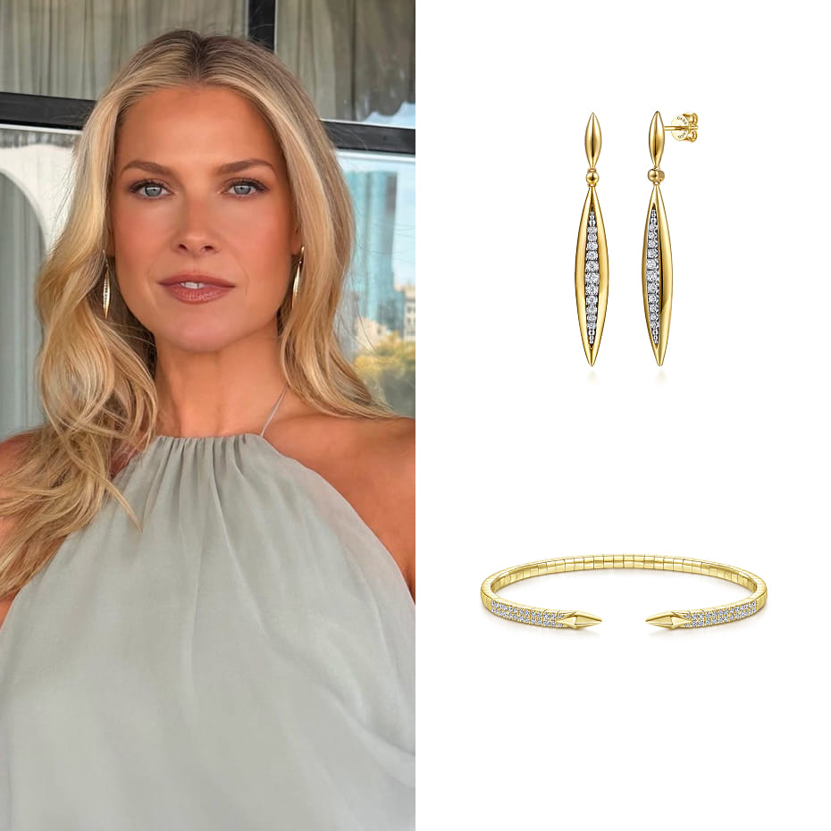 Ali Larter had a press day in New York City to promote Landman, wearing Gabriel & Co. diamond drop earrings and a split diamond bangle in mixed and yellow gold.