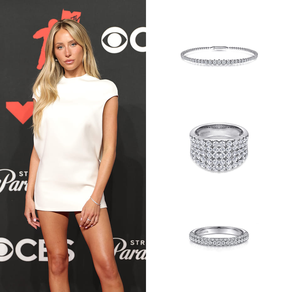 Alix Earle attended the 2025 MTV Video Music Awards wearing Gabriel & Co. diamond bangles and rings in 14K White Gold. 