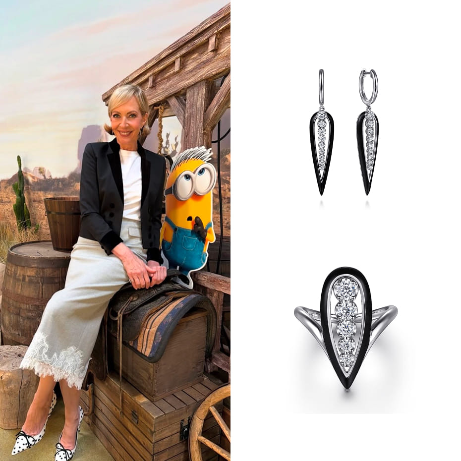 Allison Janney had a press day for Minions & Monsters, wearing Gabriel & Co. black enamel and diamond drop earrings and a coordinating ring in white gold.