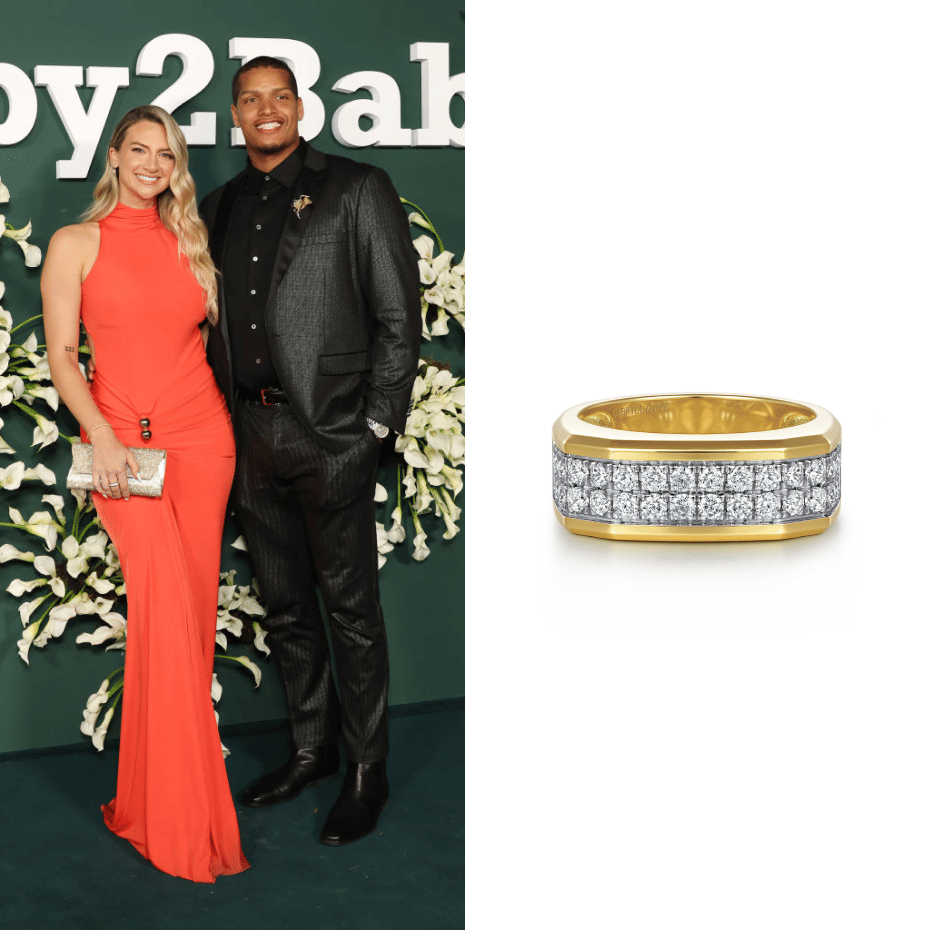 Allison Kuch wearing a Gabriel & Co. ring to the Baby2Baby Gala 