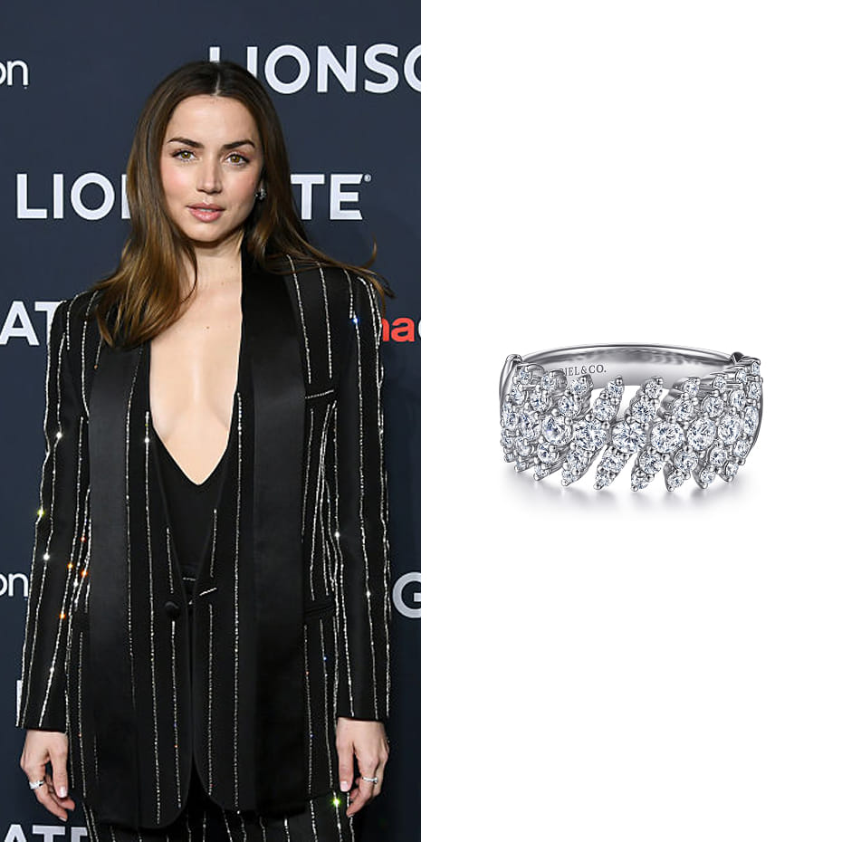 Actress, Ana De Armas wearing a Gabriel & Co. ring while promoting the upcoming film 