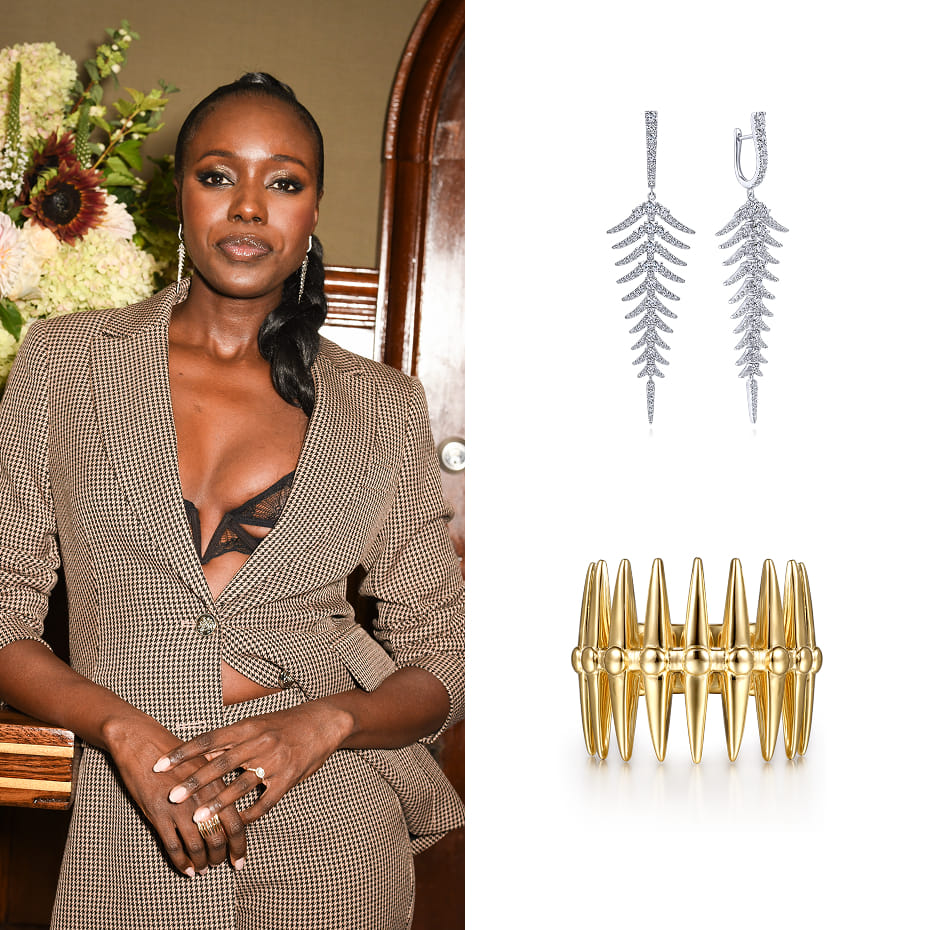 Actress Anna Diop attended the 2025 Road to the Golden Globes Party during the Toronto International Film Festival wearing Gabriel & Co. diamond earrings and a statement ring in 14K and 18K Gold.