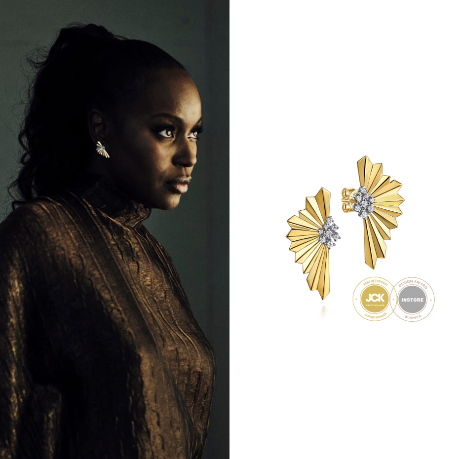 Actress Anna Diop was photographed by the Los Angeles Times during the Toronto International Film Festival wearing Gabriel & Co. 14K White and Yellow Gold Radiant Fan Diamond Cut and Cluster Diamond Stud Earrings.