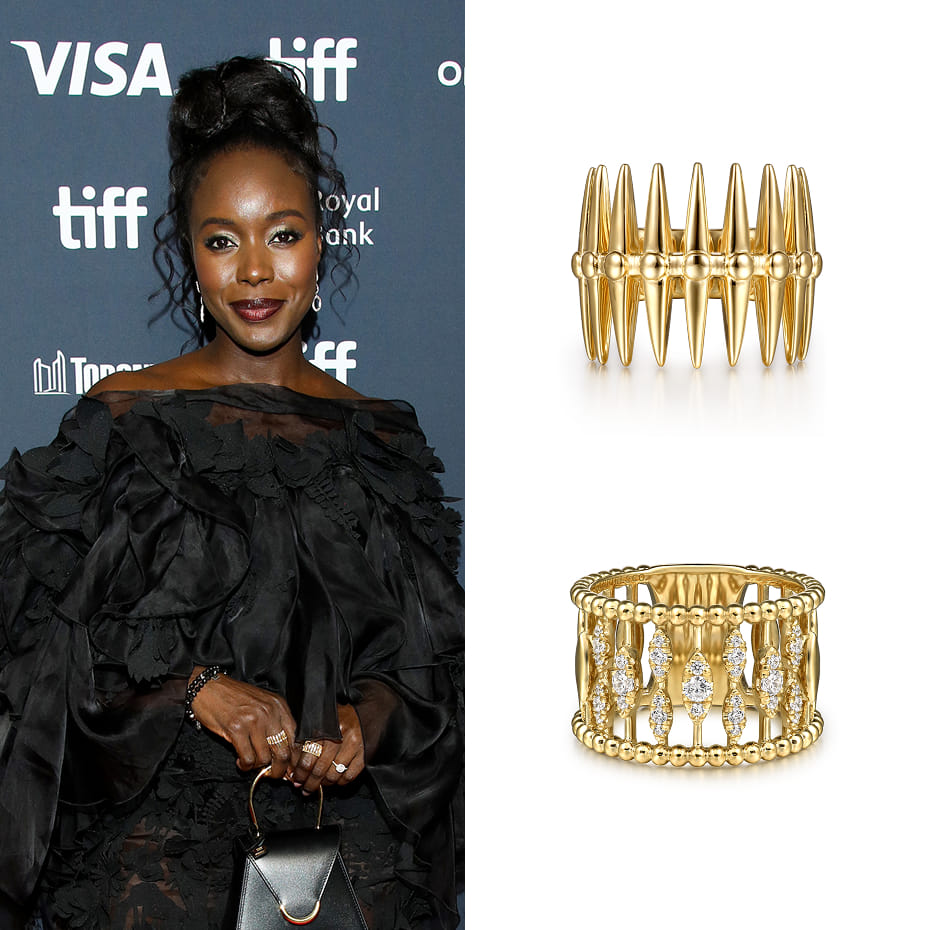 Actress Anna Diop attended the premiere of The Man in My Basement during the 2025 Toronto International Film Festival wearing Gabriel & Co. statement rings in 14K Yellow Gold.