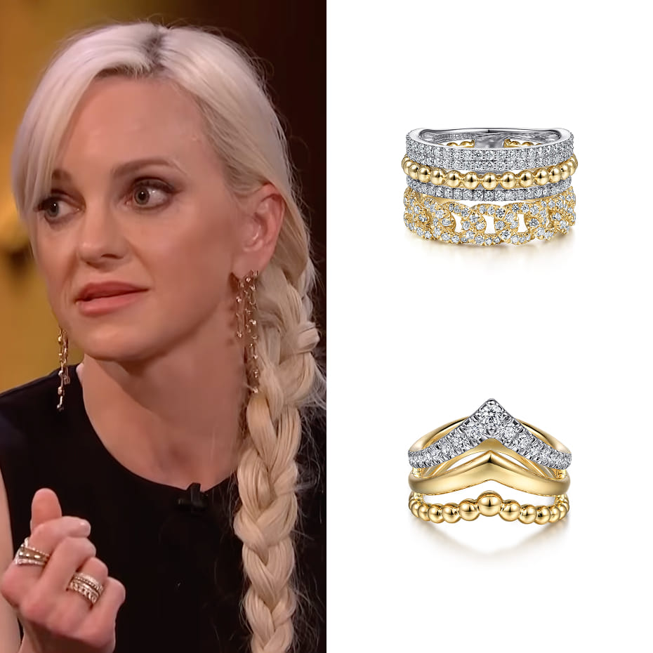 Actress Anna Faris appeared on The Claudia Winkleman Show to promote Scary Movie, wearing Gabriel & Co. diamond rings in white and yellow gold.