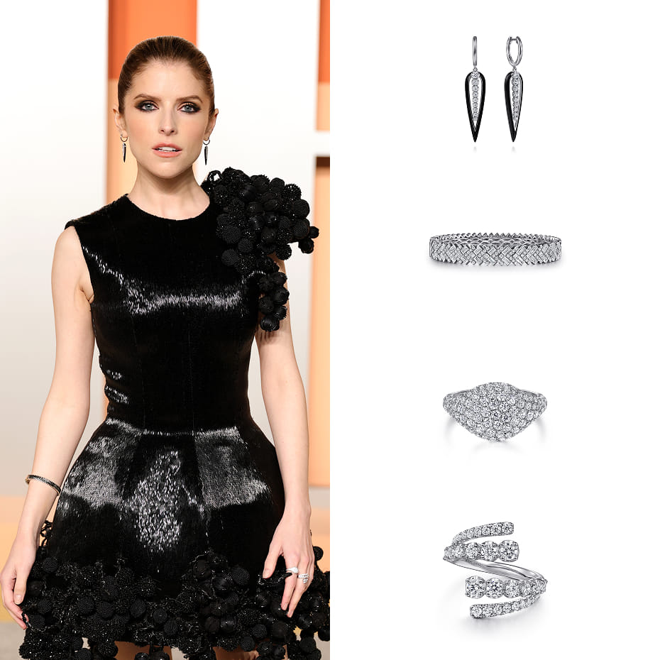 Actress, Anna Kendrick, attended the 2025 Vanity Fair Oscar Party wearing a full Gabriel & Co. look.