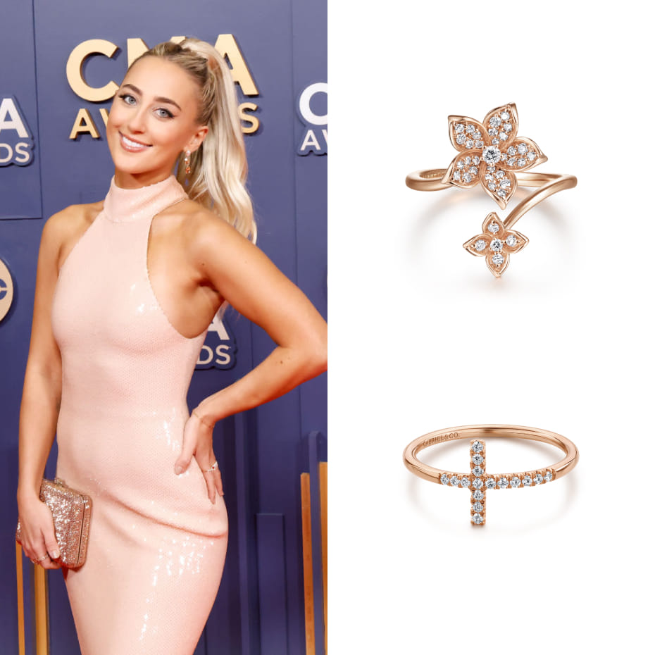 American Country Singer, Ashley Cooke, wearing Gabriel & Co. rings to the CMA Awards 