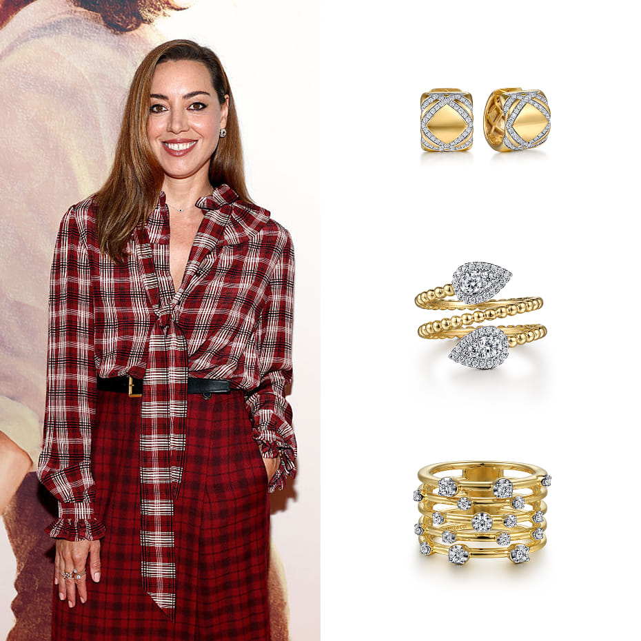 Actress Aubrey Plaza attended the Honey Don’t New York Screening wearing Gabriel & Co. diamond earrings and rings in 14K and 18K Yellow and White Gold.