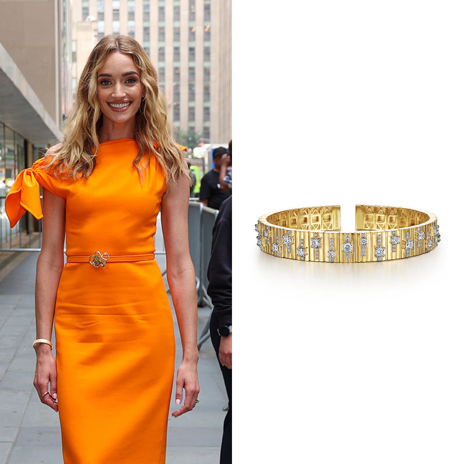 Actress, Brianne Howey, out in NYC wearing a Gabriel & Co. bangle. 