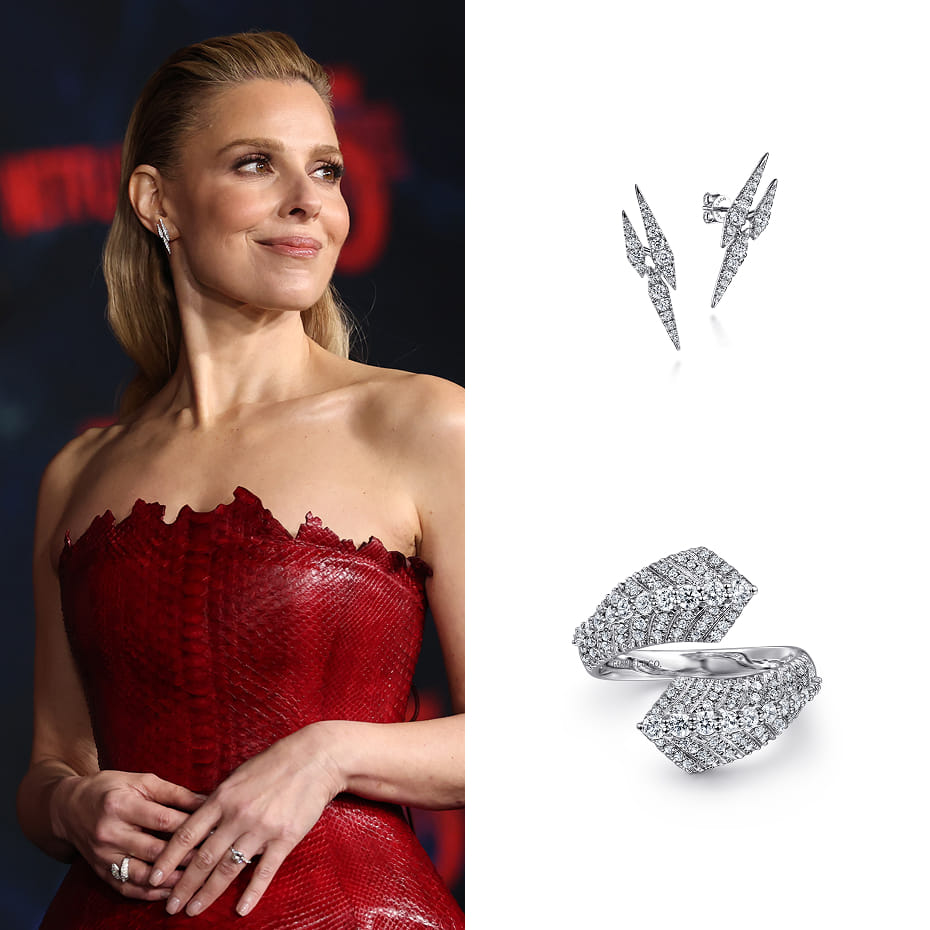 Cara Buono attended the Los Angeles premiere of Netflix’s Stranger Things Season 5 wearing Gabriel & Co. diamond spike stud earrings and a diamond bypass ring, both in 14K white gold.