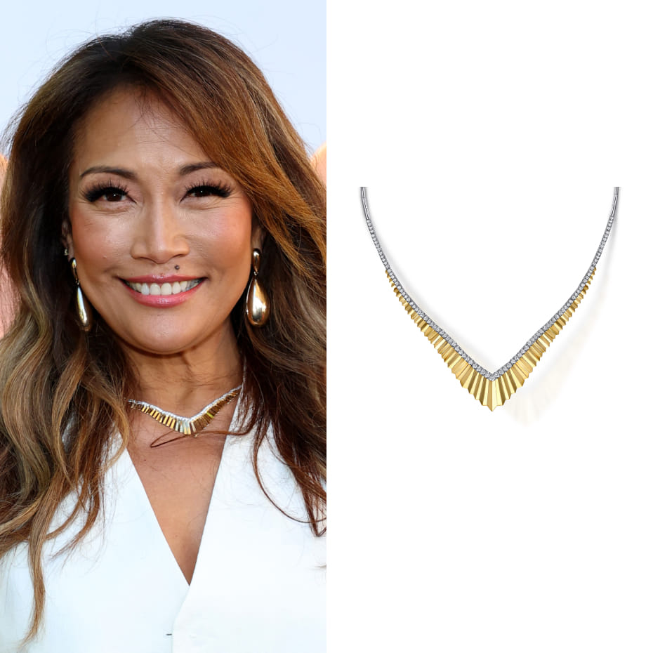 Carrie Ann Inaba attended ABC's *End of Summer Soirée* wearing a Gabriel & Co. diamond chevron necklace.