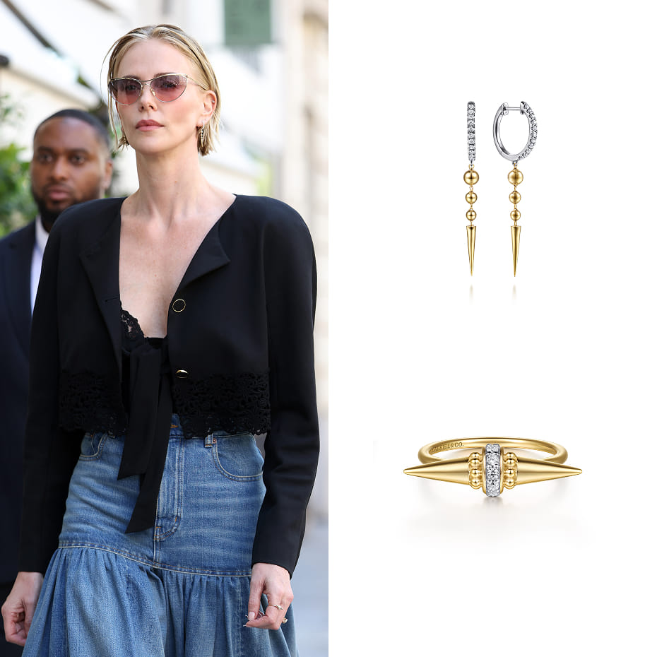 Charlize Theron stepped out during Paris Fashion Week Haute Couture Fall/Winter 2026/2027, wearing Gabriel & Co. Bujukan Punk diamond drop earrings and a coordinating fashion ring in mixed and yellow gold.