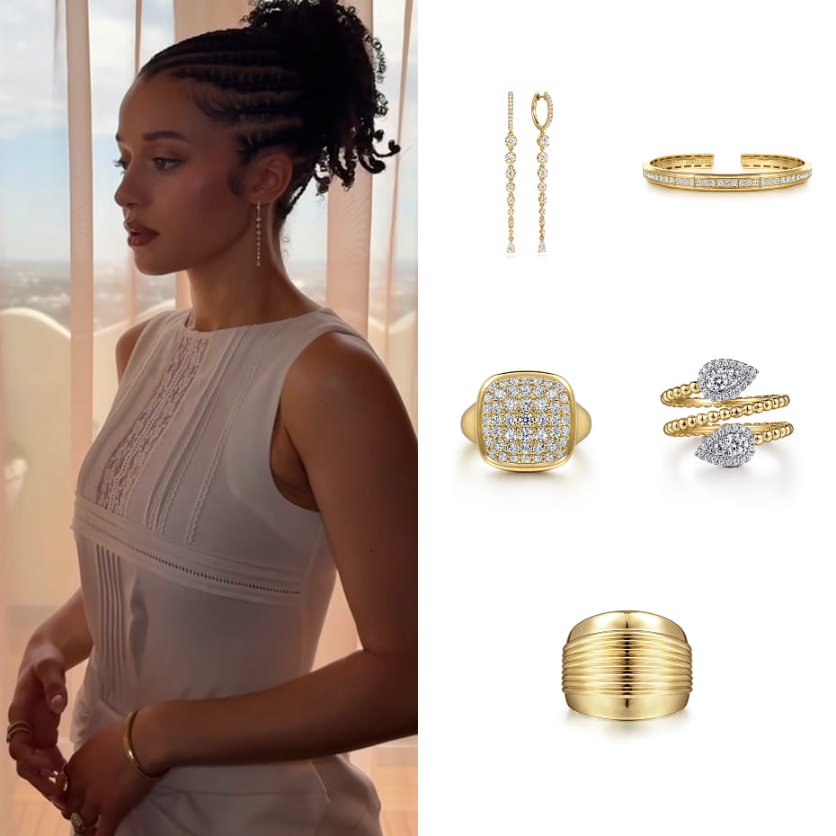 Actress Chase Infiniti had a press day for One Battle After Another wearing Gabriel & Co. diamond earrings, bangles, and rings in 14K and 18K Gold.