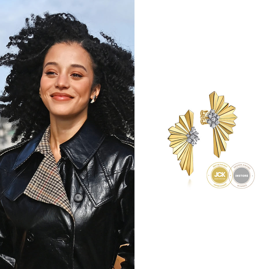 Actress Chase Infiniti attended the One Battle After Another photocall in London wearing Gabriel & Co. diamond stud earrings.
