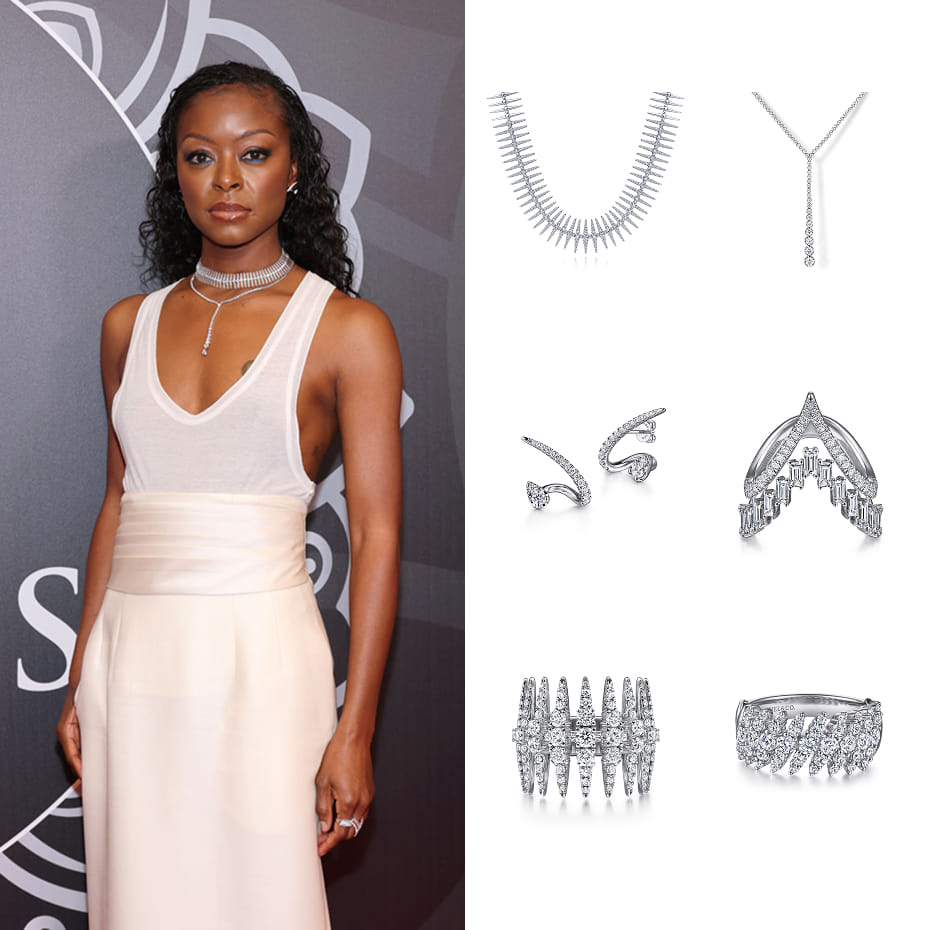 Actress, Danielle Deadwyler, wearing Gabriel & Co. earrings, necklaces, and rings to the 16th Annual African American Film Critics Association (AAFCA) Awards.