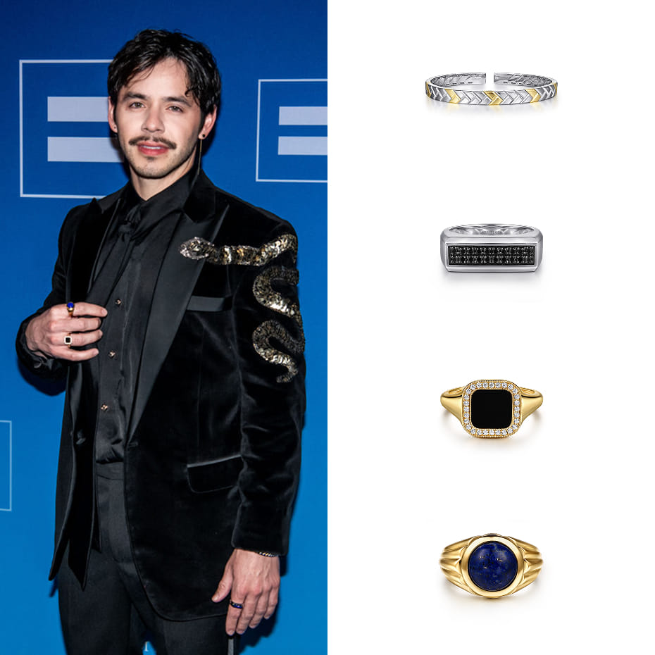 Singer, David Archuleta, wearing Gabriel & Co. rings and bracelet to his performance at the Human Rights Campaign 2025